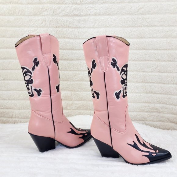 Ghost Rider Embroidered Skull & Bones Pink Cowboy Western Cowgirl Boots New - Picture 4 of 12
